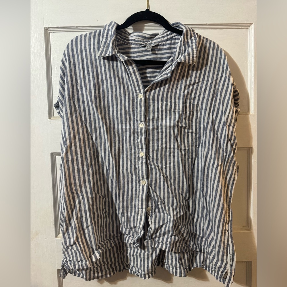Orvis Navy and White Vertical-Stripe Casual Button-Down Shirt